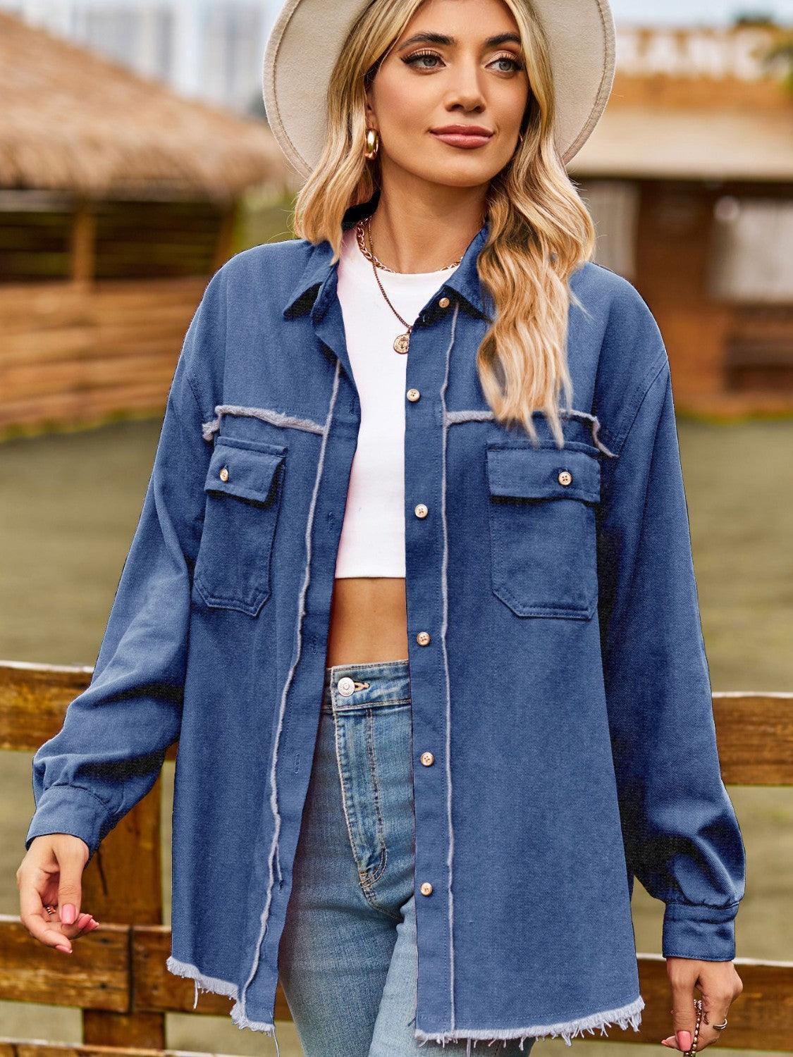 Button Up Collared Neck Raw Hem Denim Top - ClubOn