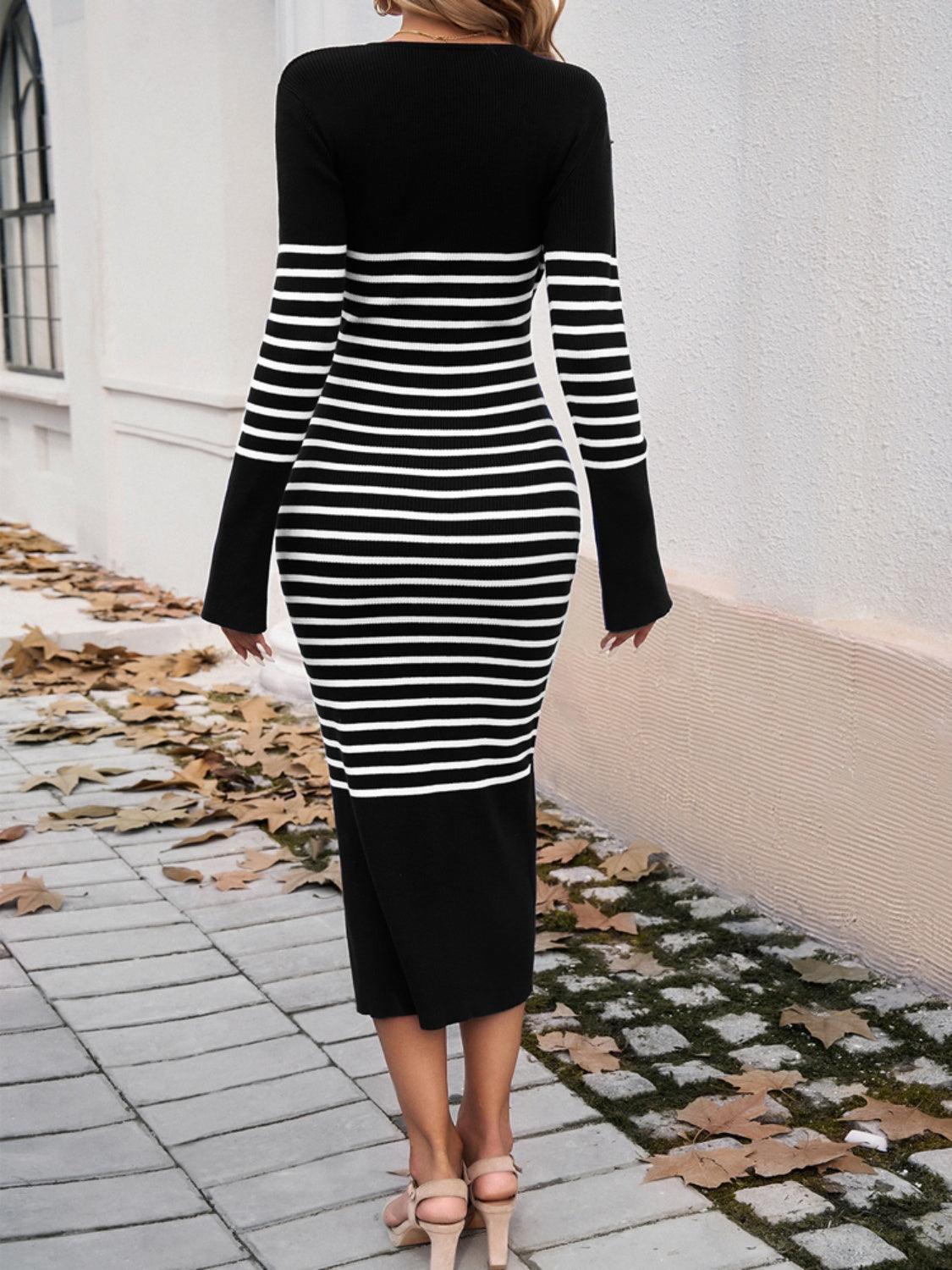 Devine Striped V-Neck Long Sleeve Sweater Dress - ClubOn