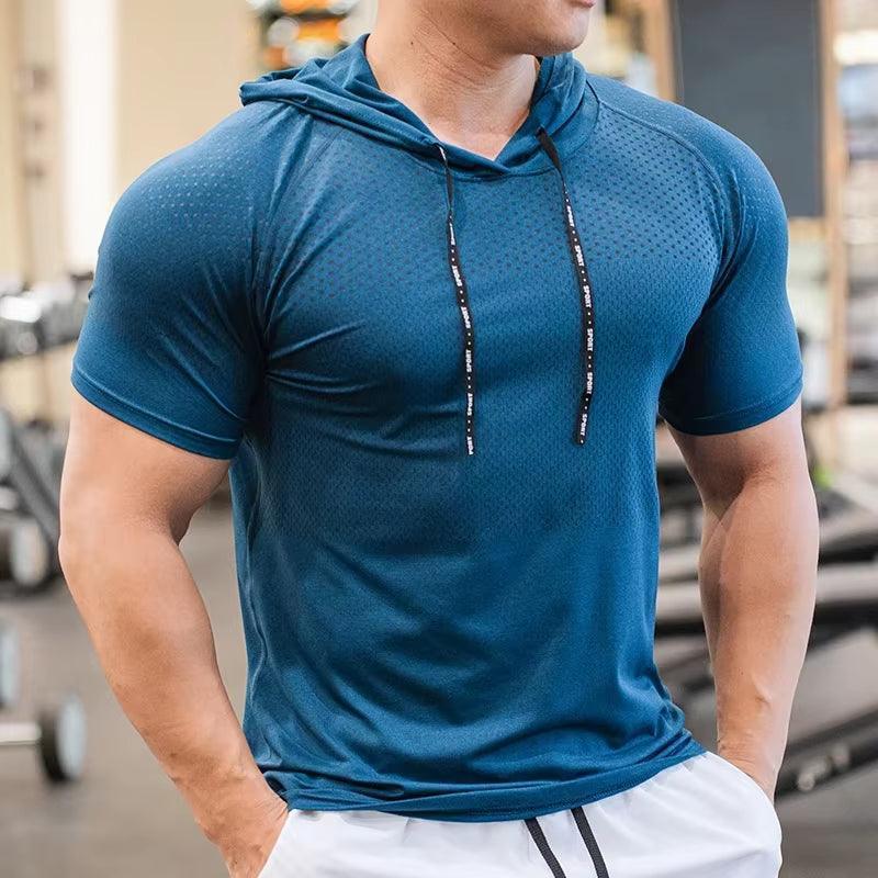 Men's Running Hoodie - Quick-Dry Short Sleeve Muscle Shirt for Gym & Fitness - ClubOn