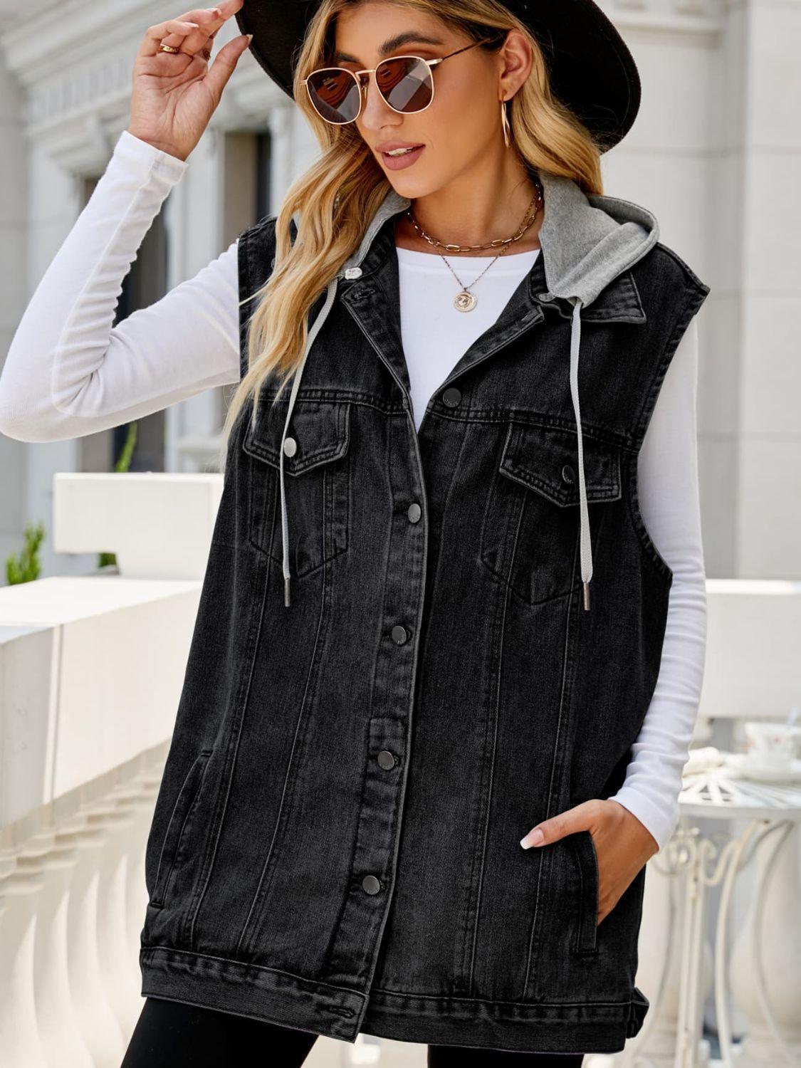 Drawstring Hooded Sleeveless Denim Top with Pockets - ClubOn