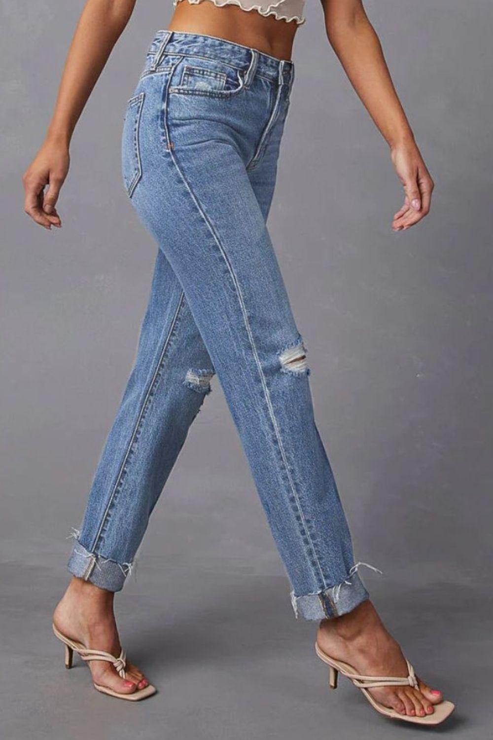 Distressed Raw Hem Straight Jeans with Pockets - ClubOn