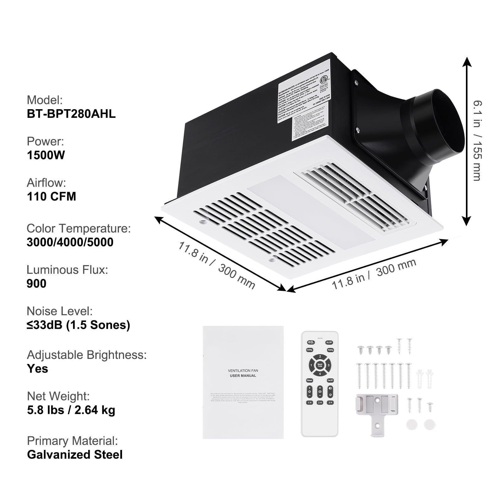 SKYSHALO Bathroom Vent Fan – 1500W Heater, 110 CFM, Quiet 1.5 Sones, Energy Efficient, Ceiling Mounted - ClubOn