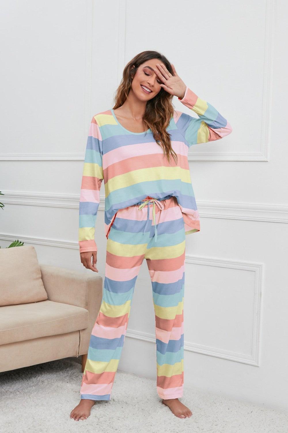 Striped Round Neck Long Sleeve Top and Drawstring Pants Lounge Set - ClubOn