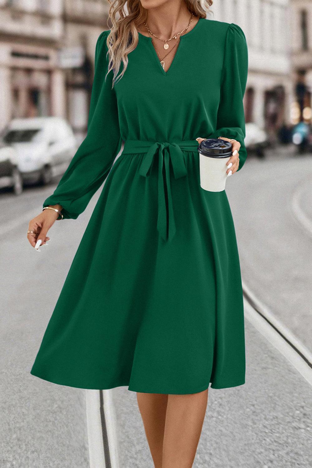 Tie Waist Notched Neck Long Sleeve Dress - ClubOn