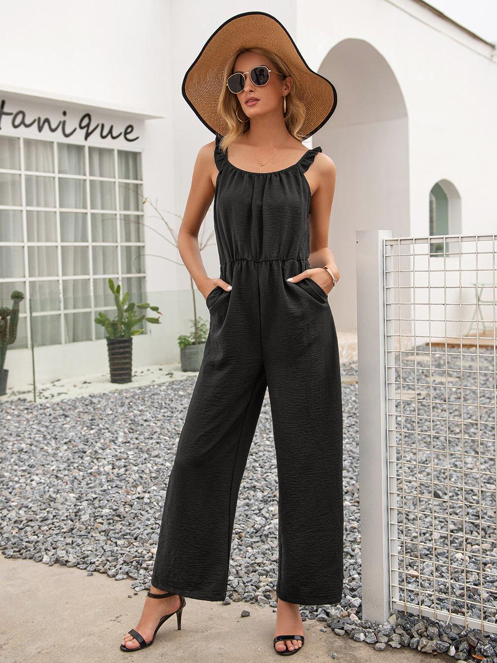 Ivy Lane Round Neck Sleeveless Jumpsuit with Pockets - ClubOn