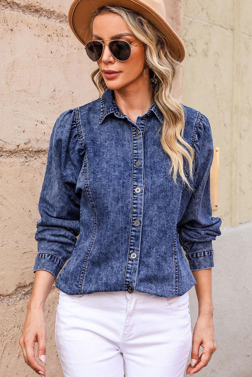 Button Up Collared Neck Denim Top - ClubOn
