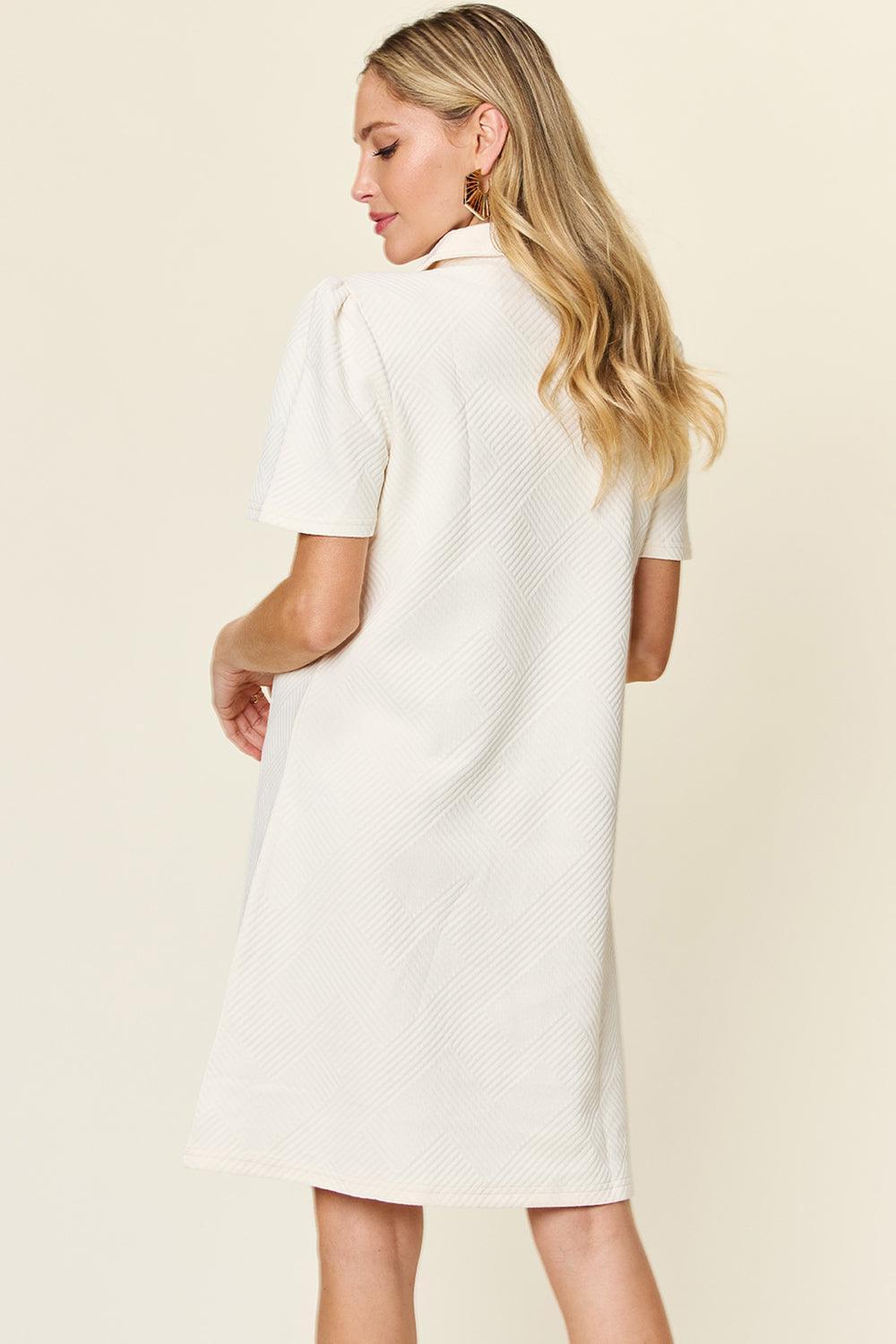 Double Take Full Size Texture Collared Neck Short Sleeve Dress - ClubOn