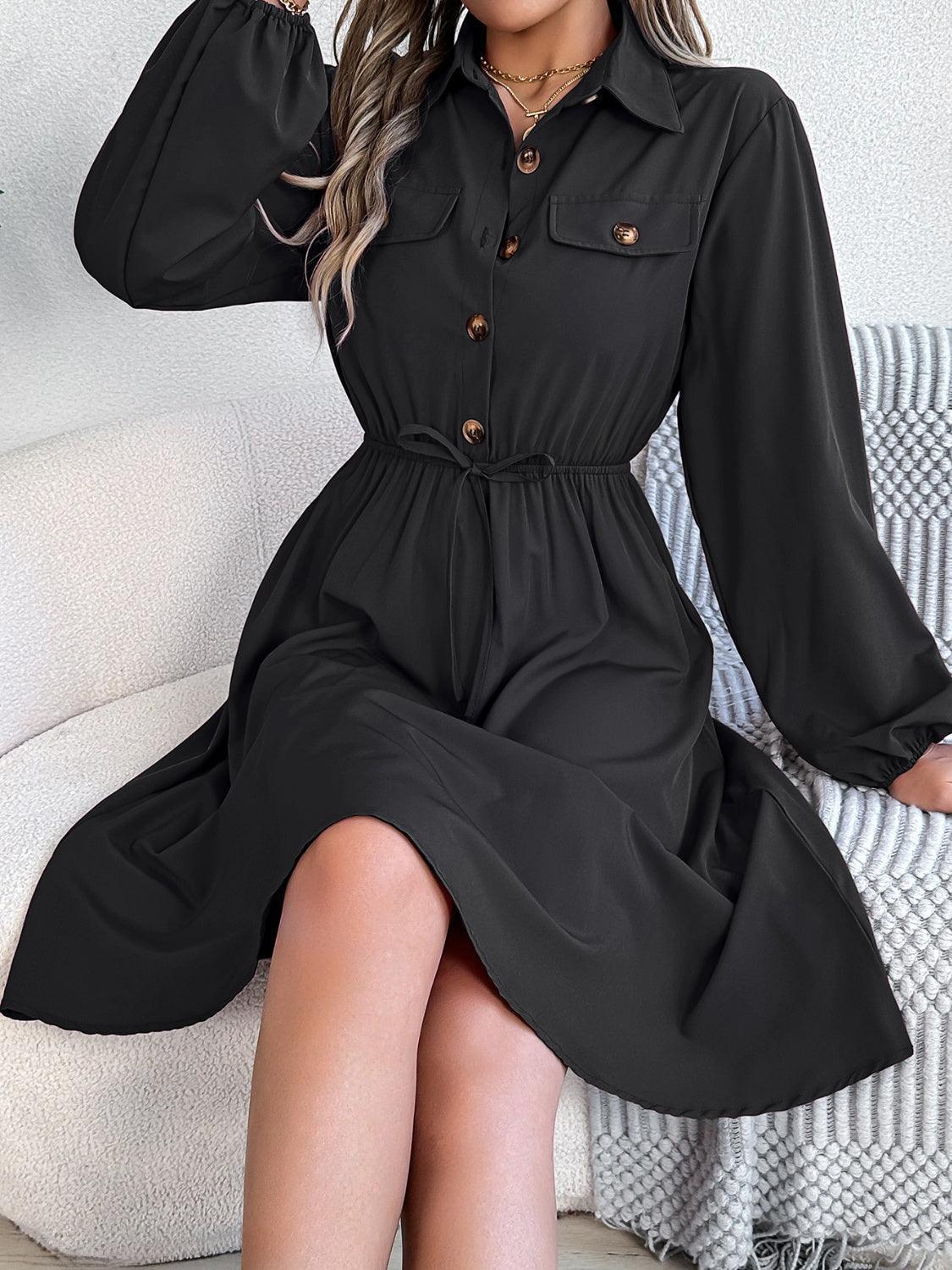 Collared Neck Long Sleeve Dress with Pockets - ClubOn