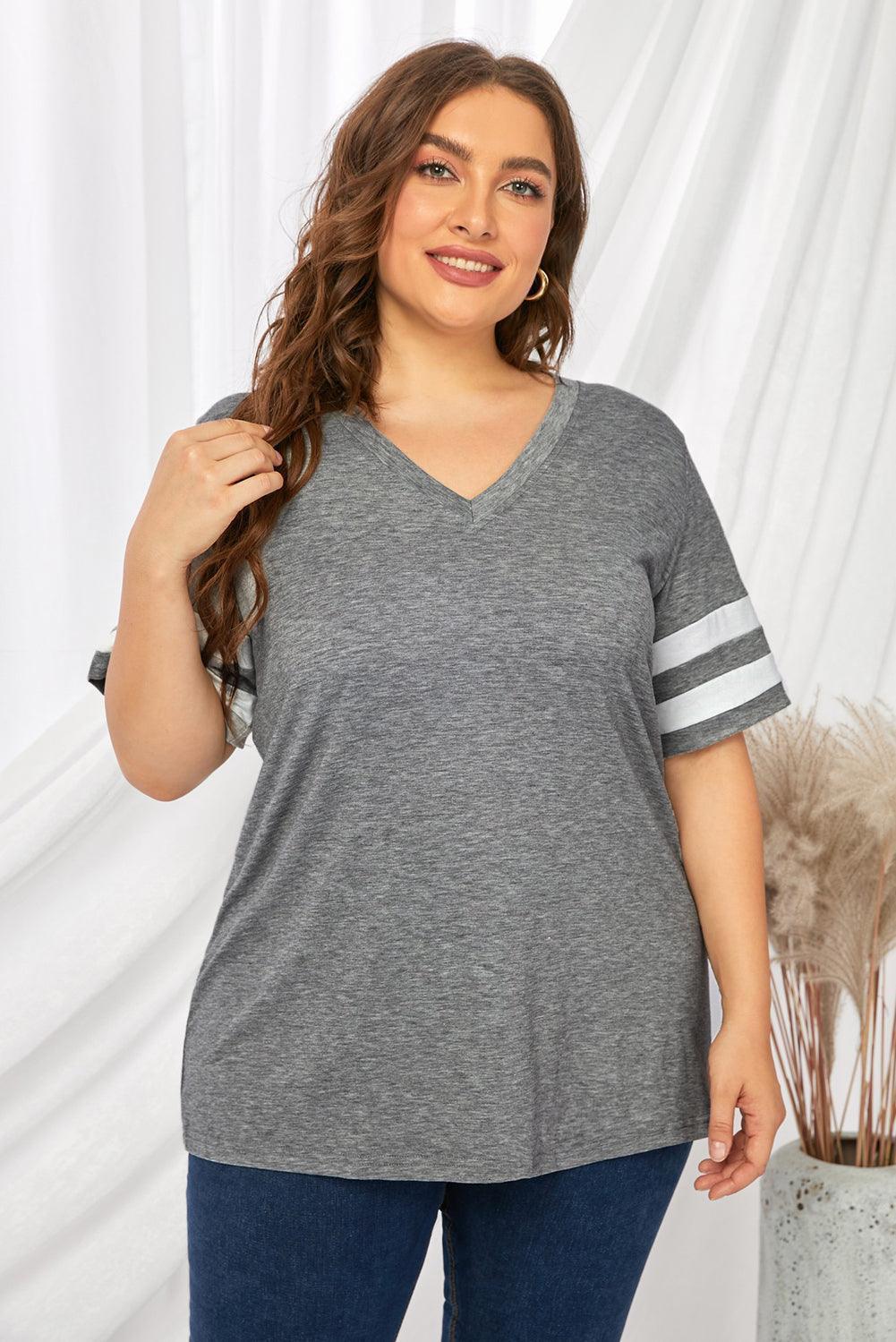 Plus Size Striped V-Neck Tee Shirt - ClubOn
