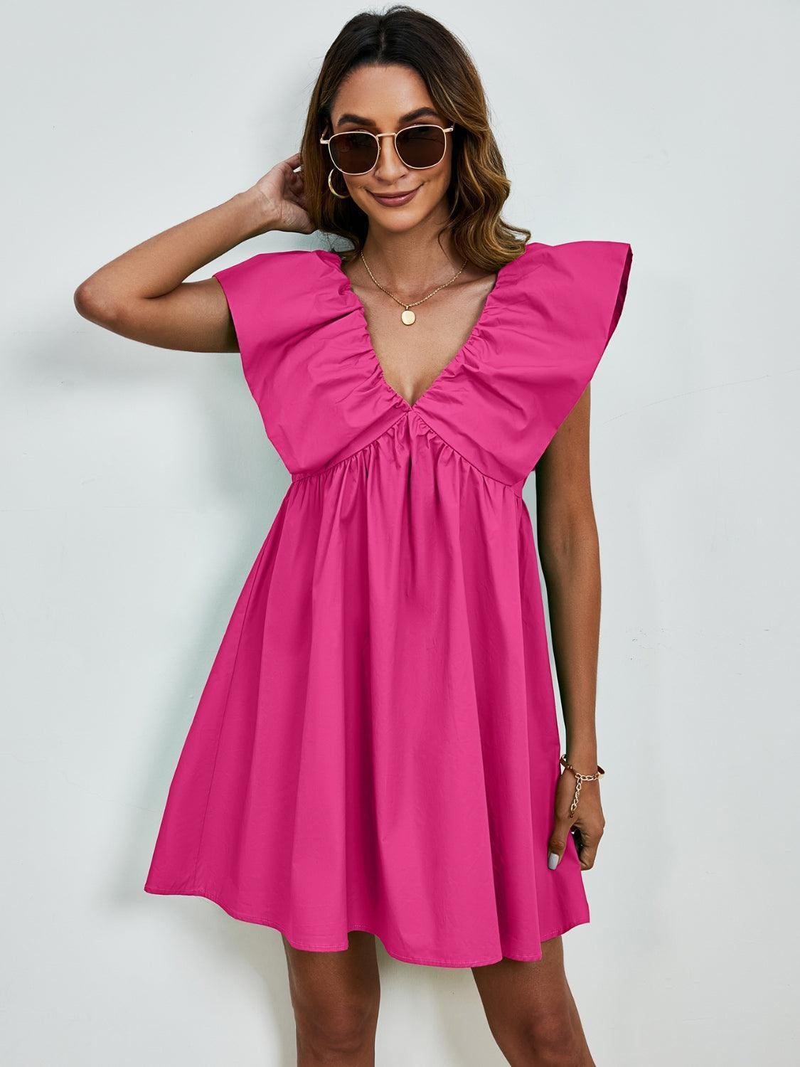 V-Neck Cap Sleeve Mini Dress - ClubOn