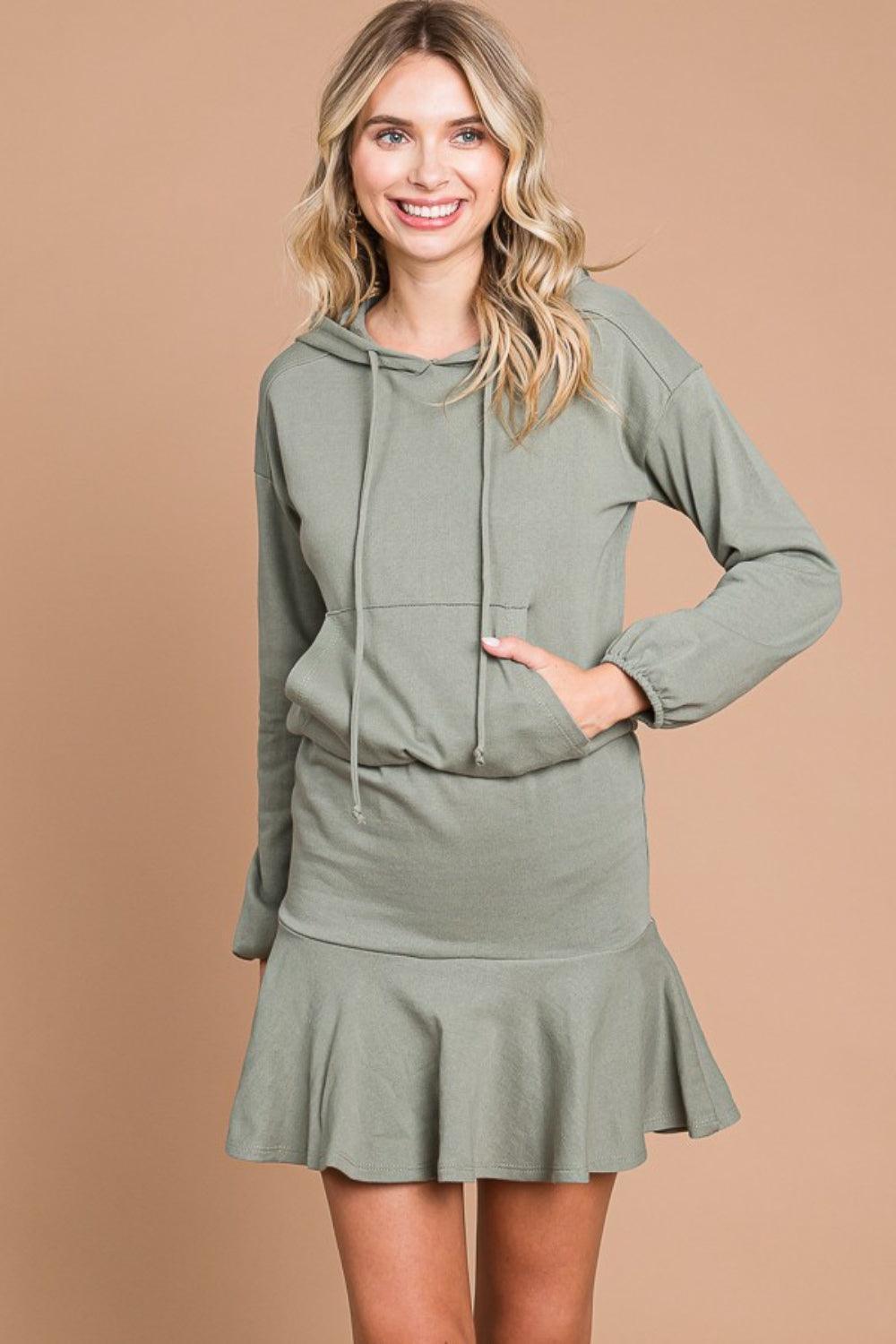 Culture Code Full Size Drawstring Dropped Shoulder Hooded Mini Dress - ClubOn