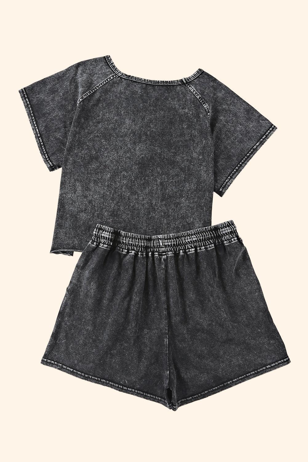 Heathered Round Neck Top and Shorts Lounge Set - ClubOn