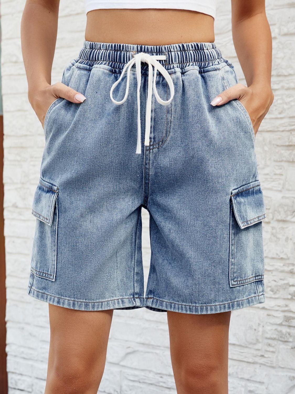 Drawstring Denim Shorts with Pockets - ClubOn