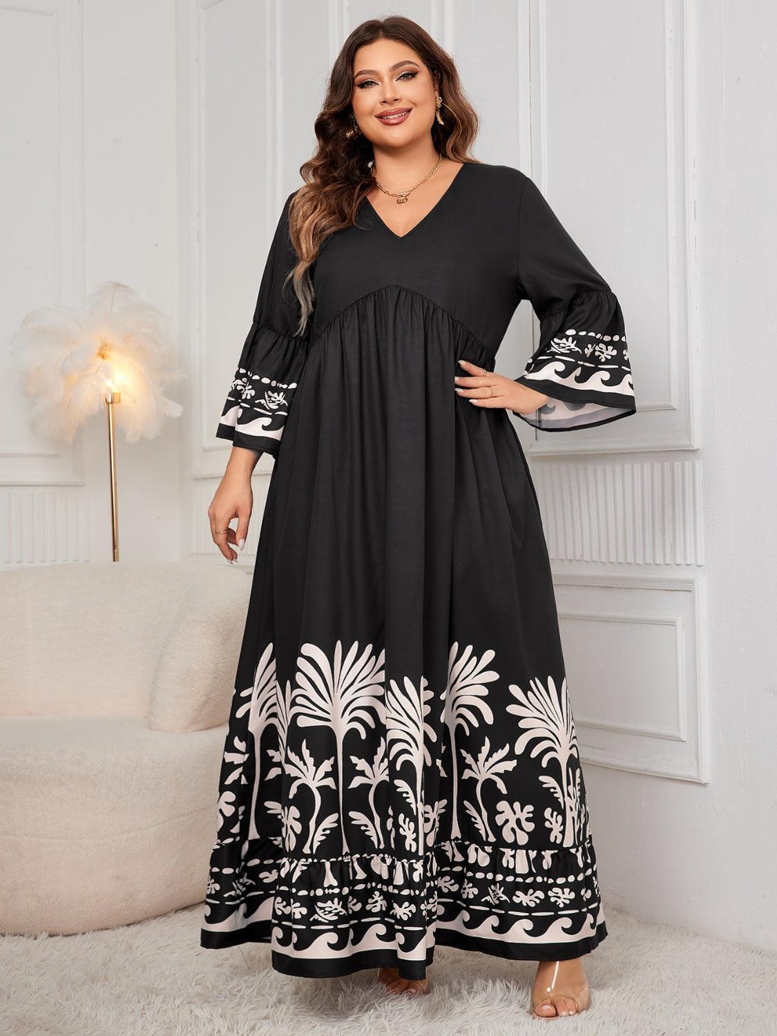 Honey Plus Size Printed V-Neck Long Sleeve Maxi Dress - ClubOn
