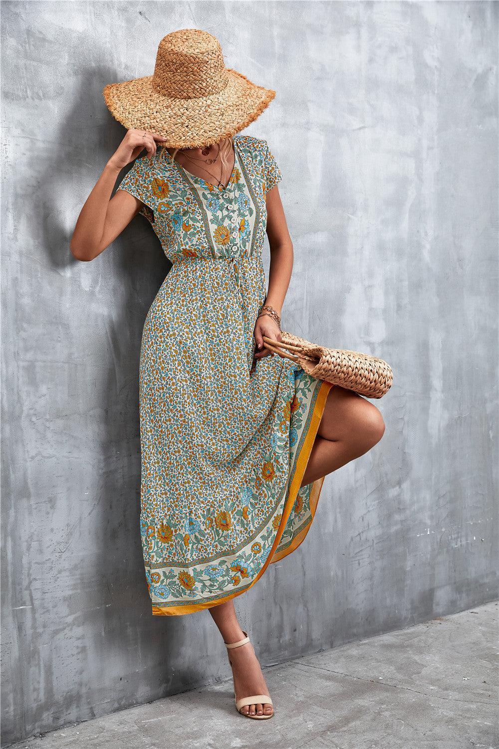 V-Neck Short Sleeve Printed Maxi Dress - ClubOn