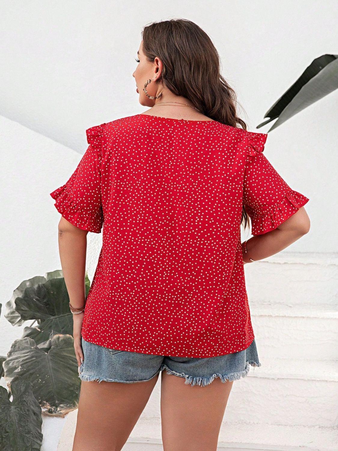 Plus Size Polka Dot Notched Flounce Sleeve Blouse - ClubOn