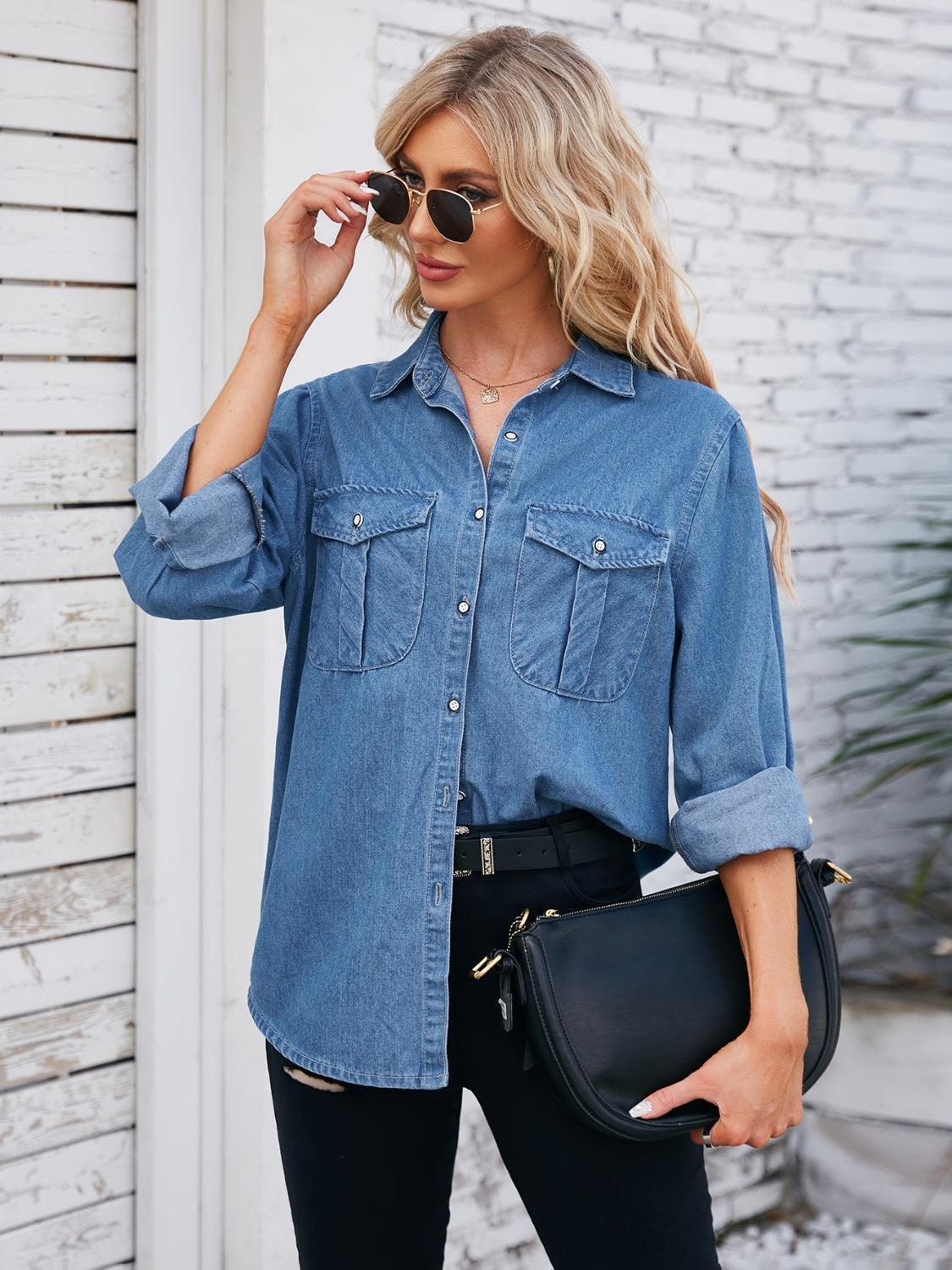 Button Up Collared Neck Denim Jacket - ClubOn