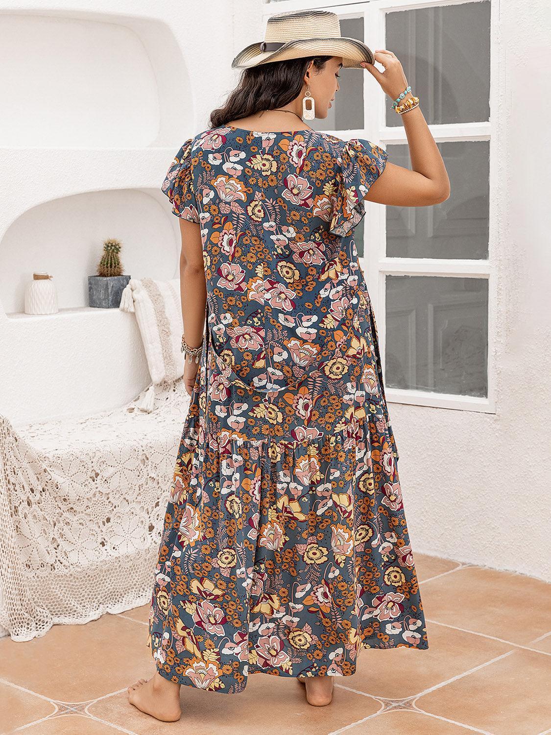 Plus Size Ruffled Printed Cap Sleeve Dress - ClubOn