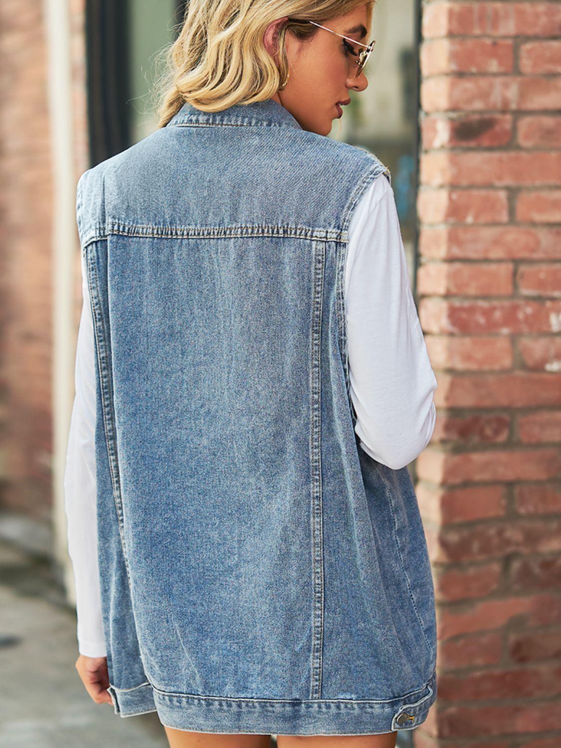 Collared Neck Sleeveless Denim Top with Pockets - ClubOn