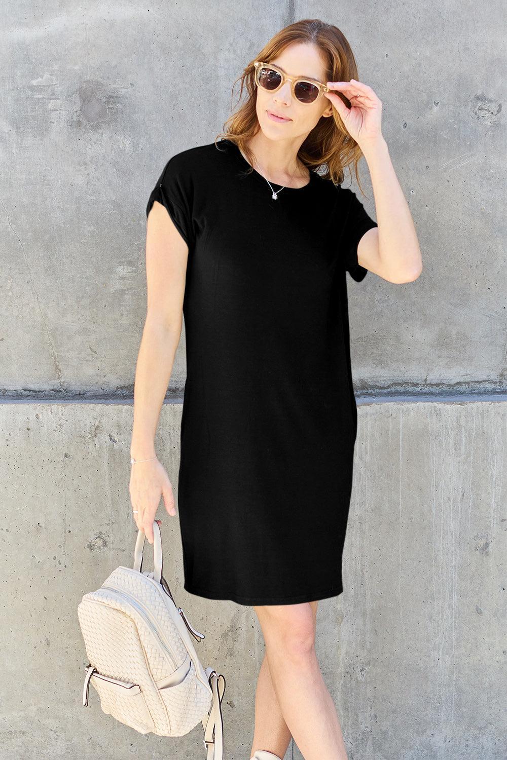 Basic Bae Bamboo Full Size Round Neck Short Sleeve Dress with Pockets - ClubOn