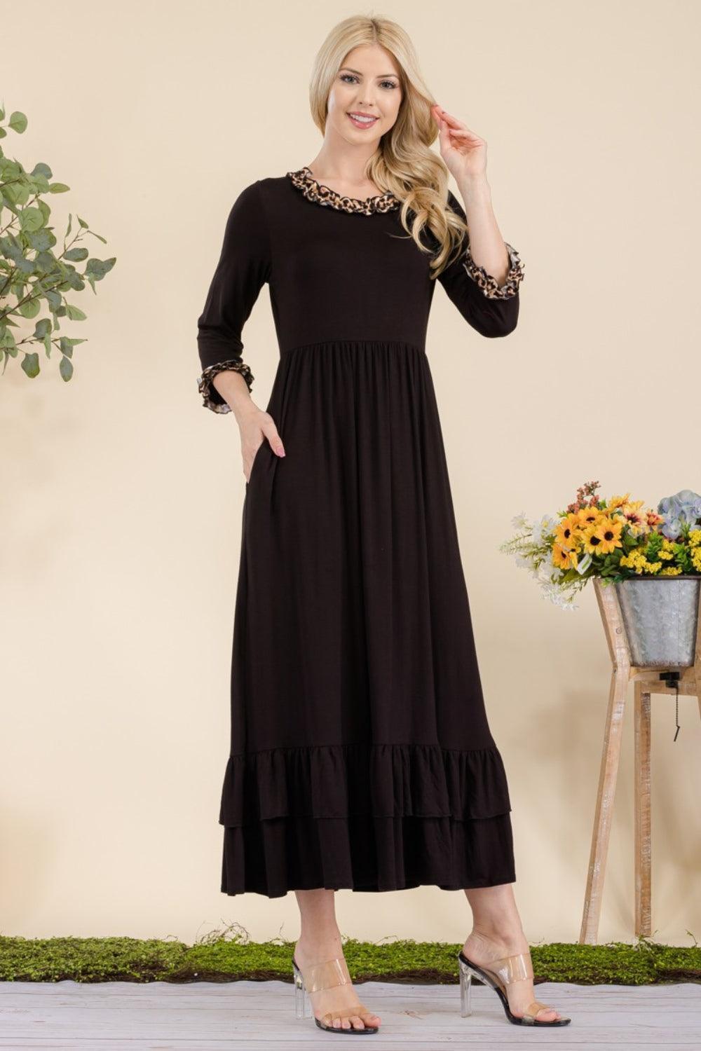 Celeste Full Size Leopard Ruffle Detail Midi Dress - ClubOn