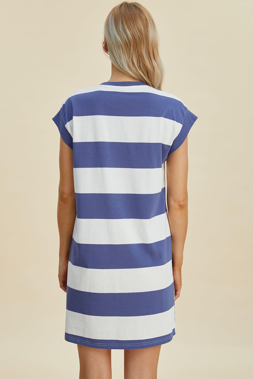 Basic Bae Full Size Striped Round Neck Cap Sleeve Mini Dress - ClubOn
