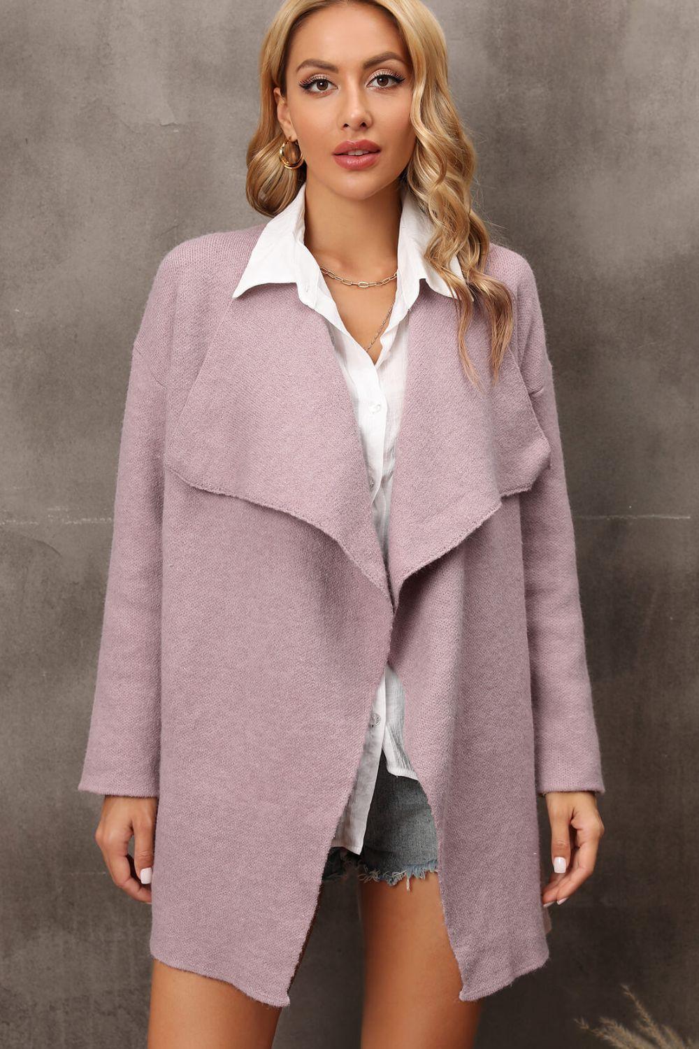 Angel Wings Waterfall Collar Longline Cardigan with Side Pockets - ClubOn