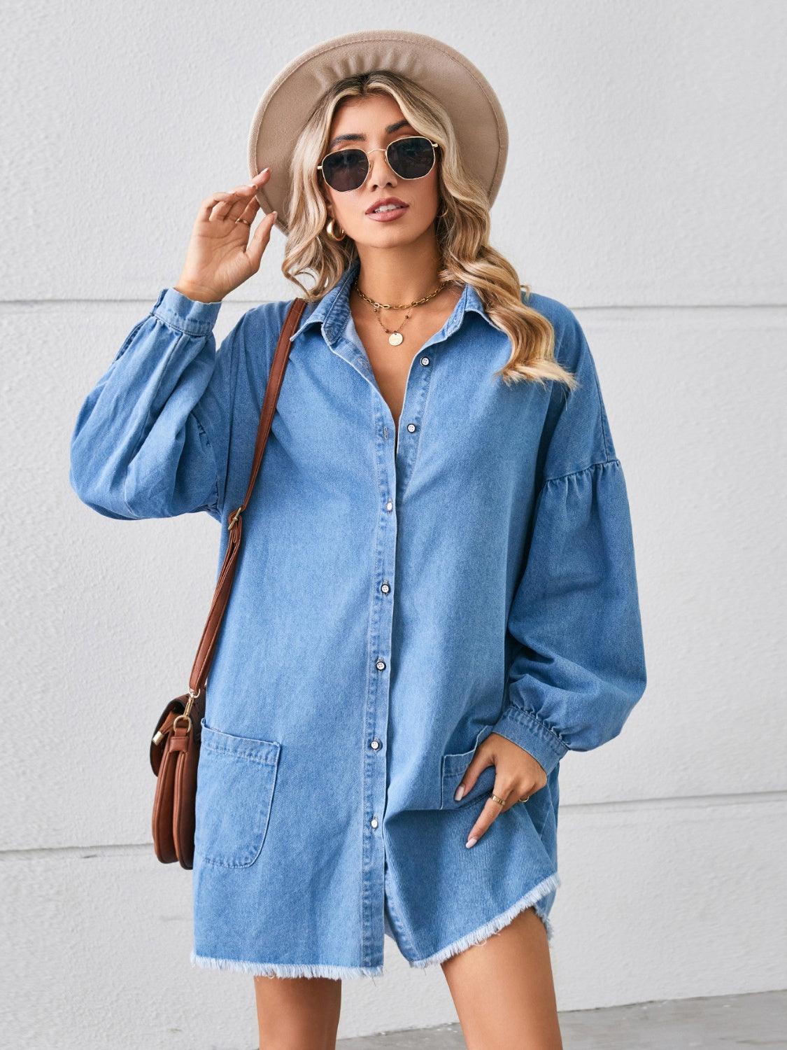 Button Up Pocketed Raw Hem Denim Dress - ClubOn