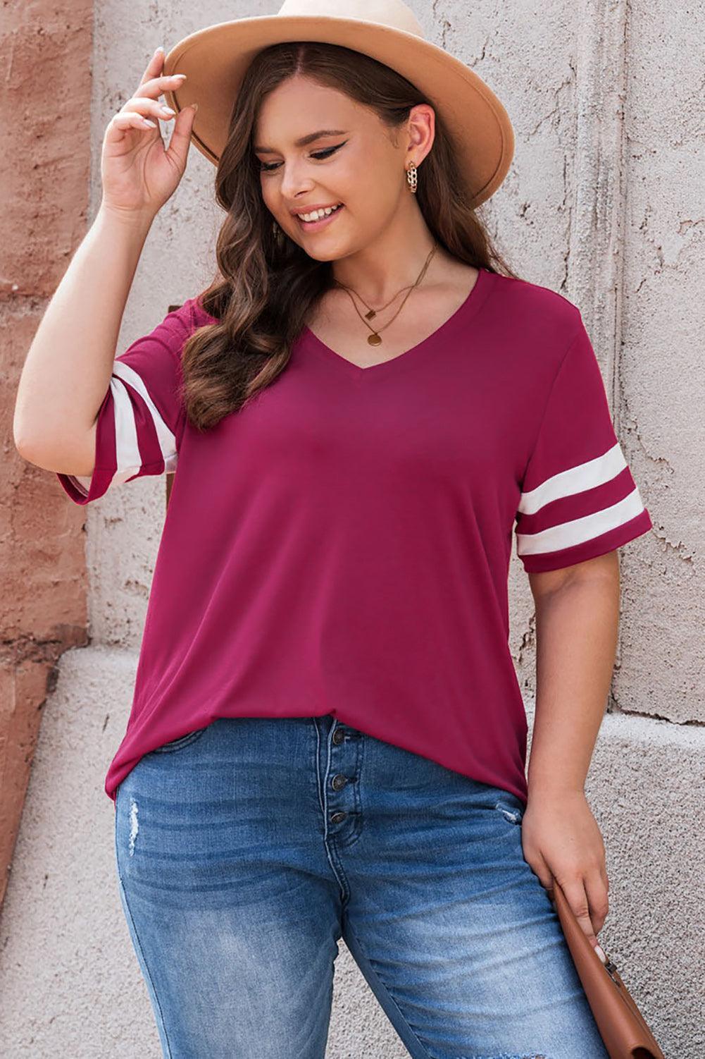 Plus Size Striped V-Neck Tee Shirt - ClubOn