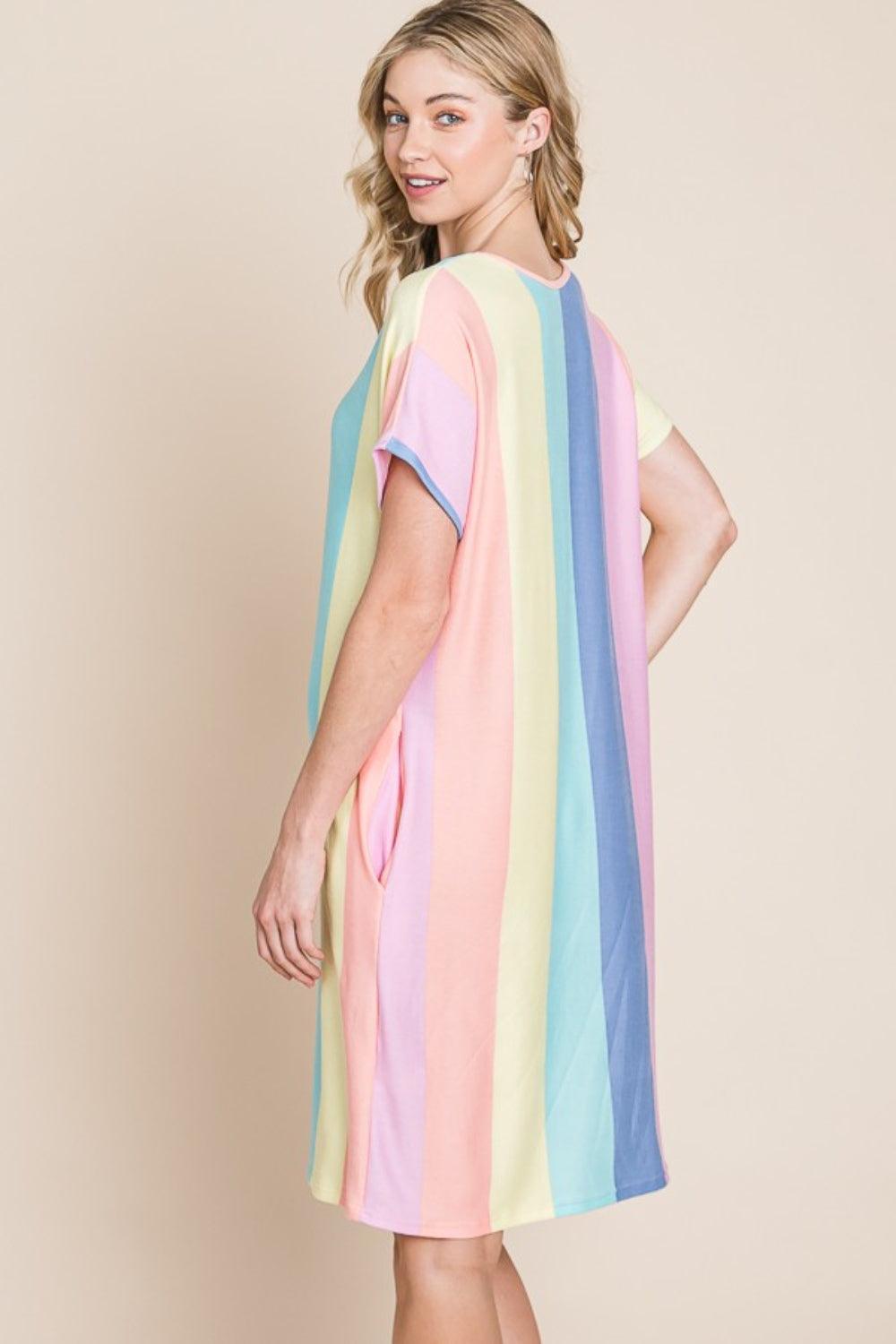 BOMBOM Striped Short Sleeve Dress with Pockets - ClubOn