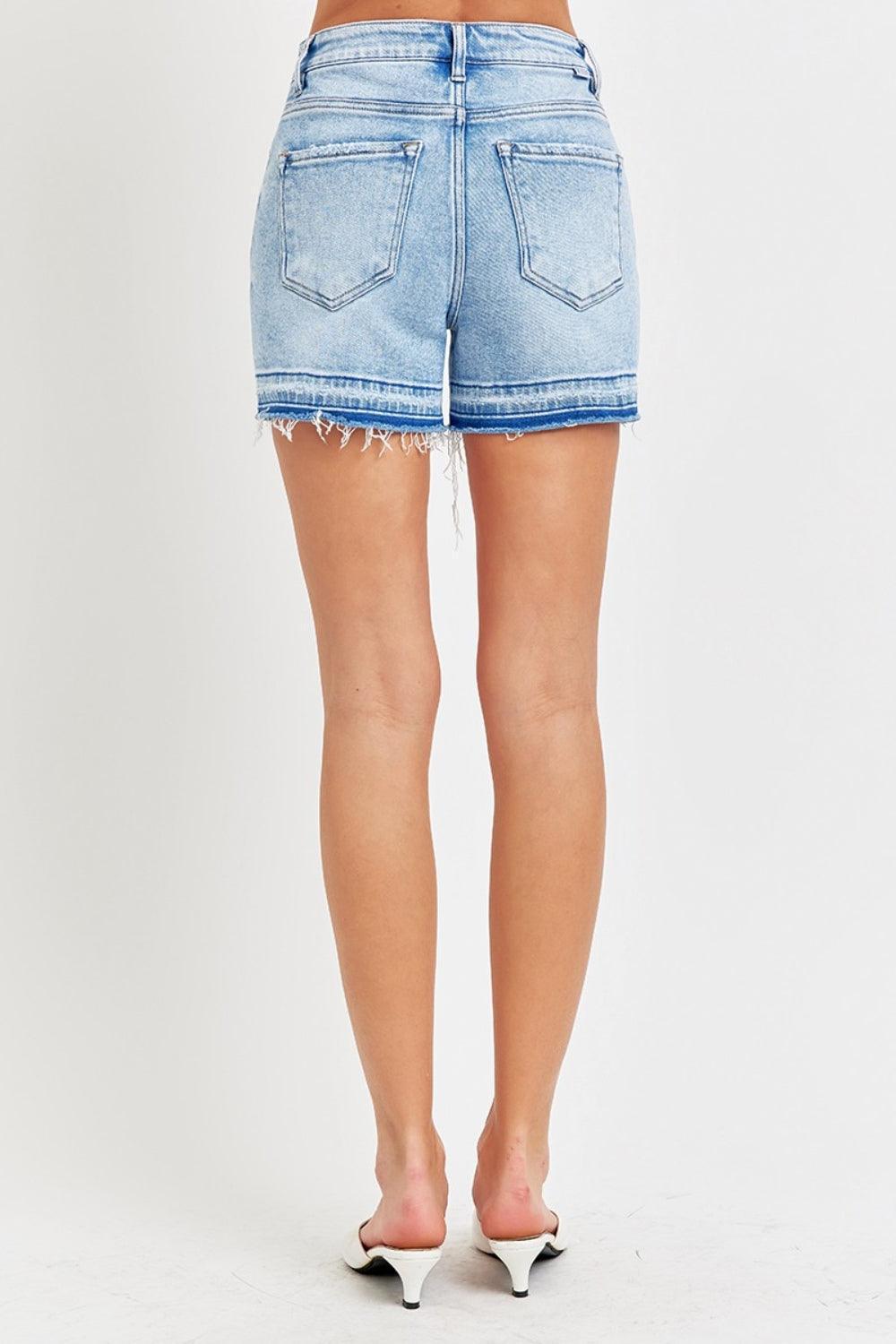 RISEN High Rise Distressed Hem Denim Shorts - ClubOn