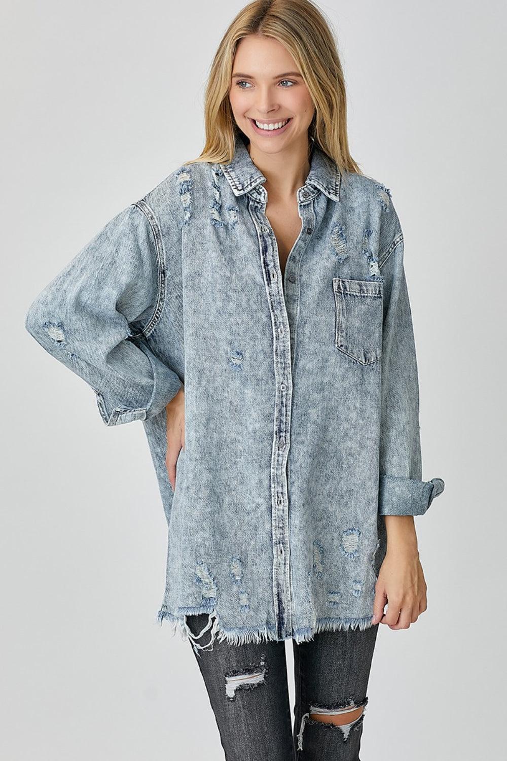 RISEN Distressed Raw Hem Denim Shirt - ClubOn