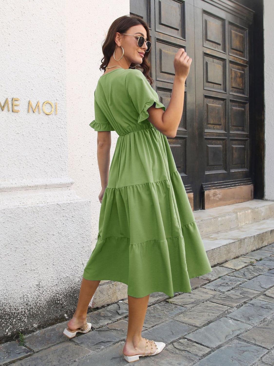 V-Neck Short Sleeve Midi Dress - ClubOn