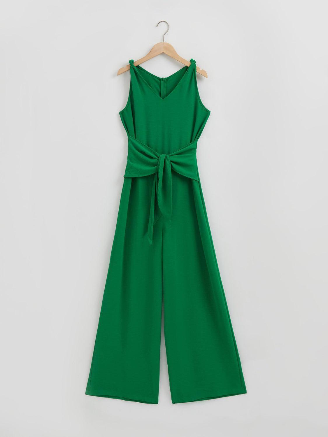 Honey Knot Detail Tie Front Sleeveless Jumpsuit - ClubOn