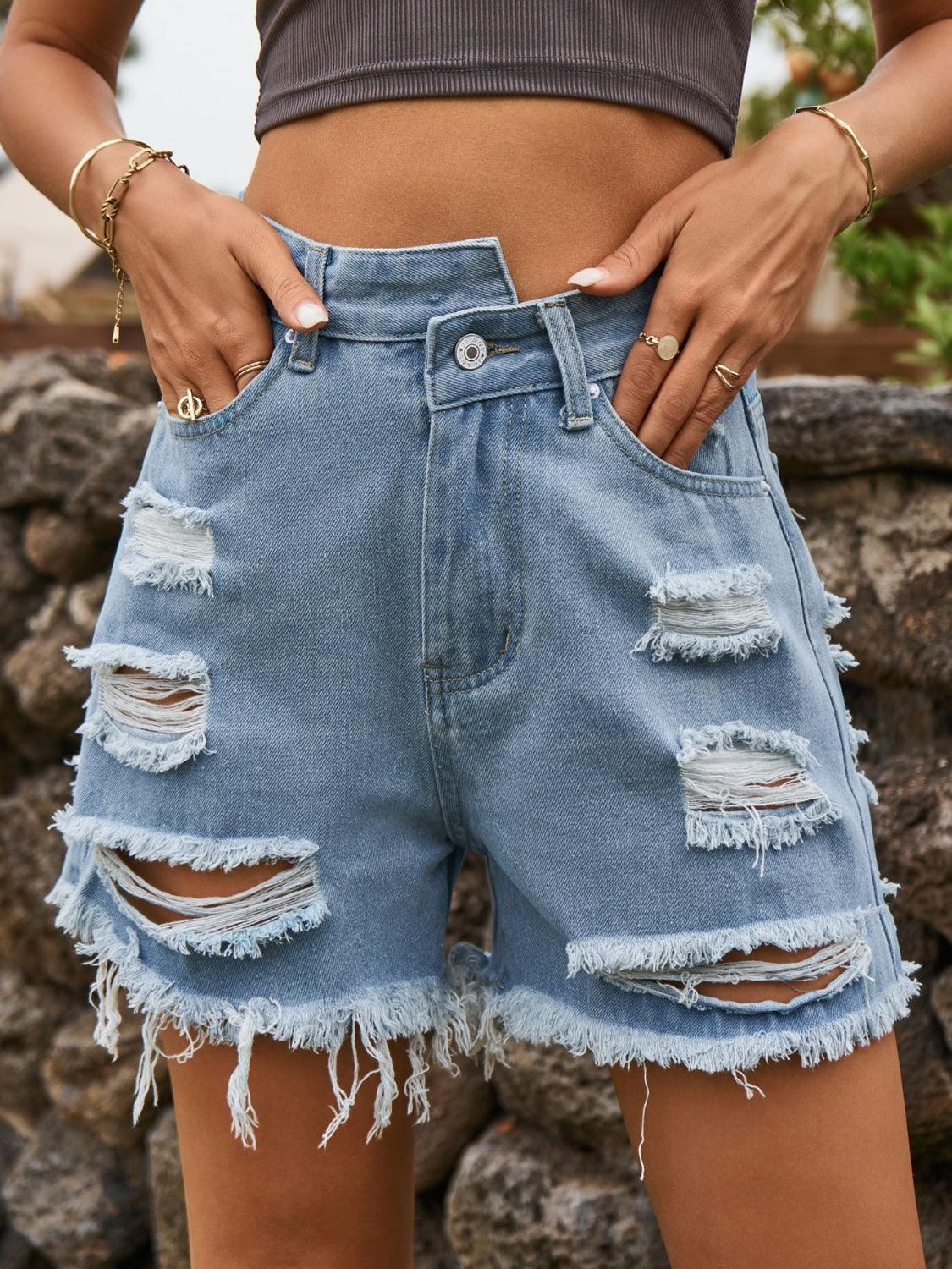 Distressed Raw Hem Denim Shorts - ClubOn