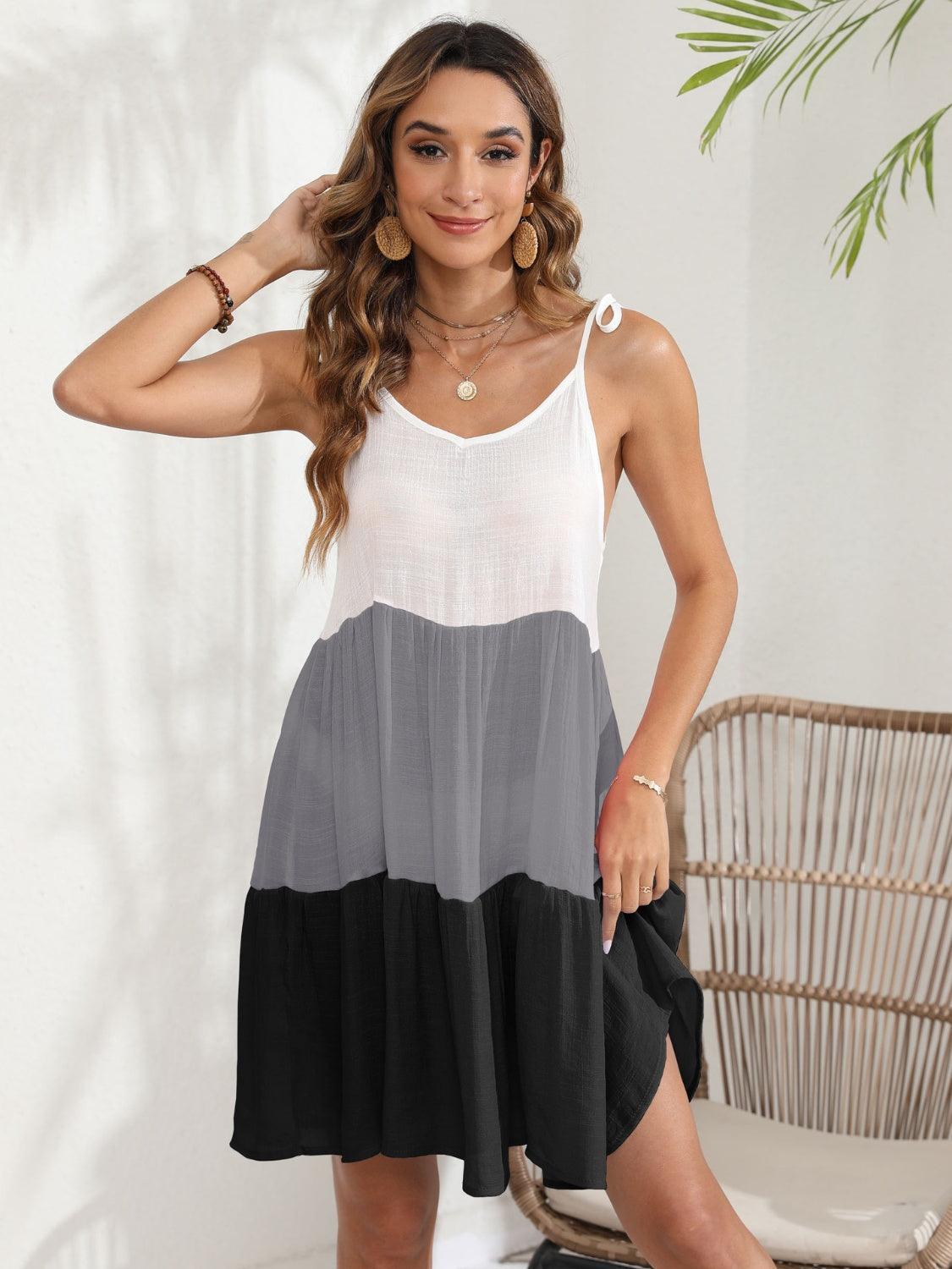 Color Block Spaghetti Strap Cover-Up Dress - ClubOn