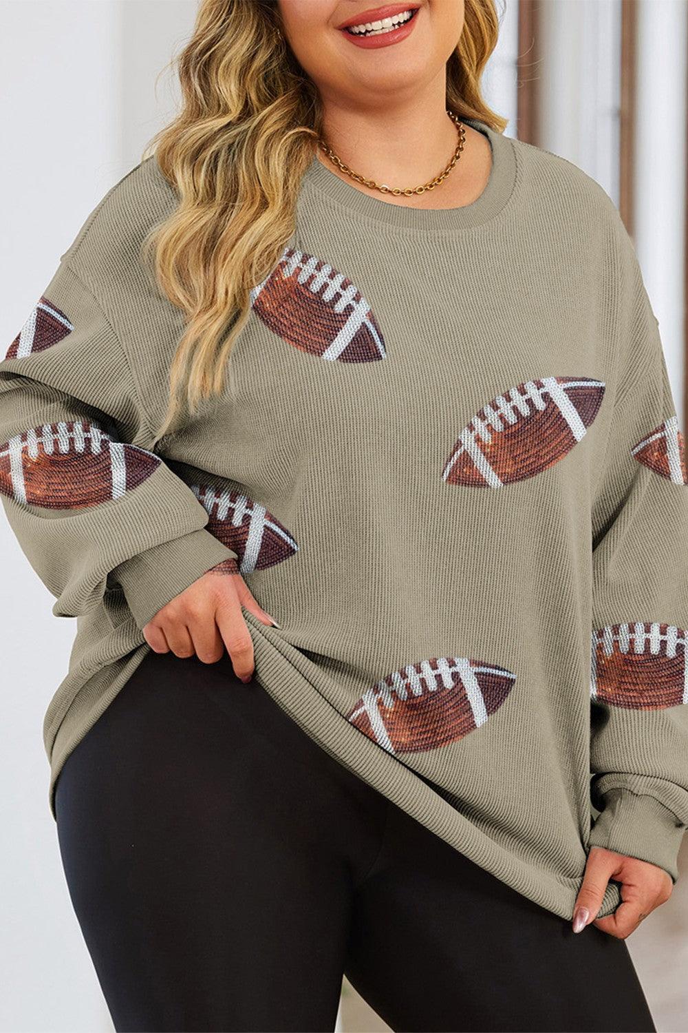 Plus Size Sequin Football Dropped Shoulder Sweatshirt - ClubOn