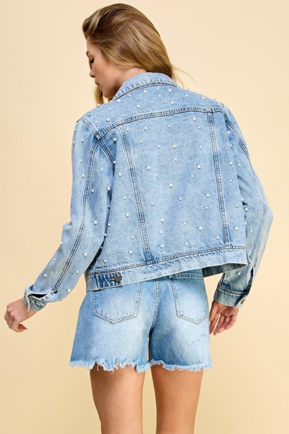 Veveret Button Up Pearl Detail Long Sleeve Denim Jacket - ClubOn