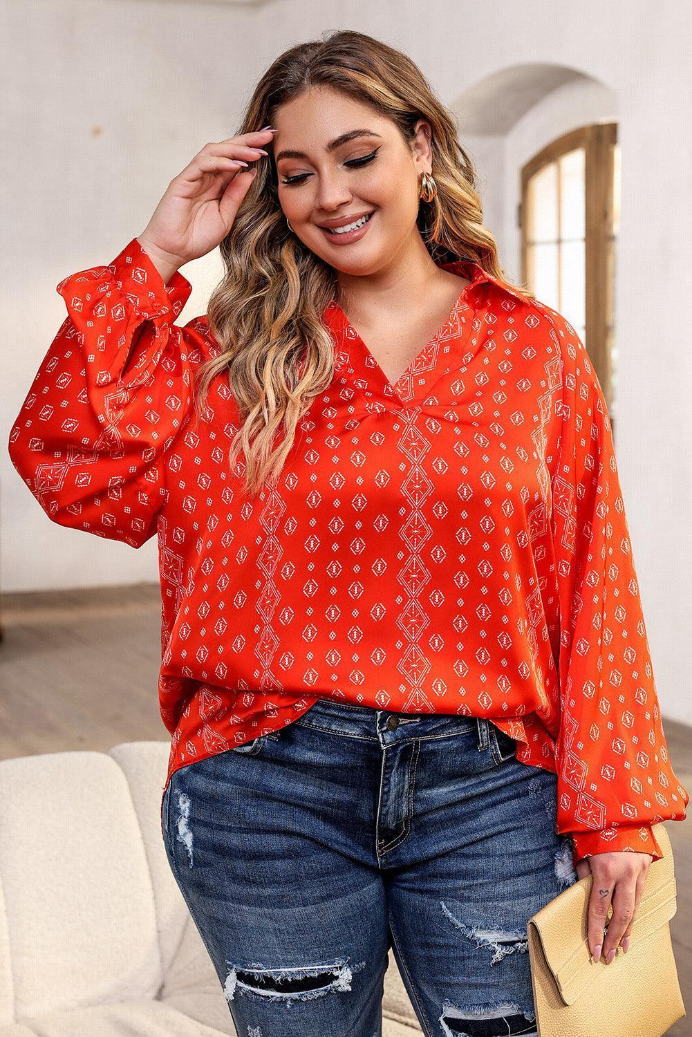 Plus Size Printed Johnny Collar Long Sleeve Blouse - ClubOn