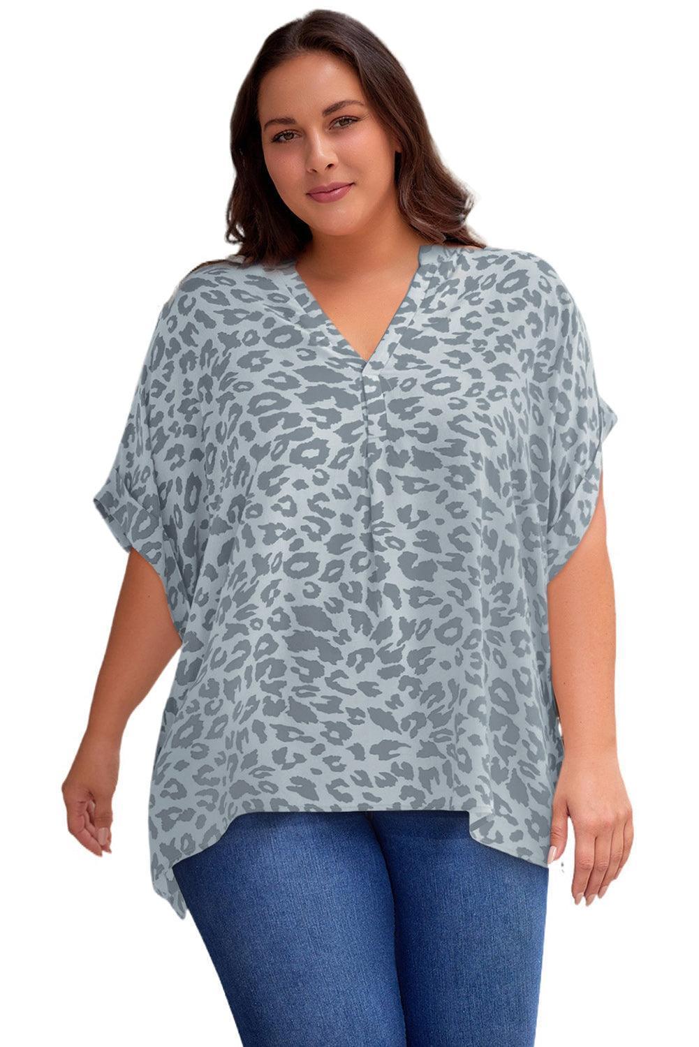 Plus Size Printed Notched Neck Half Sleeve Top - ClubOn