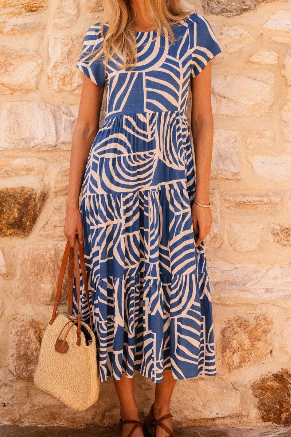 Tiered Printed Round Neck Short Sleeve Dress - ClubOn