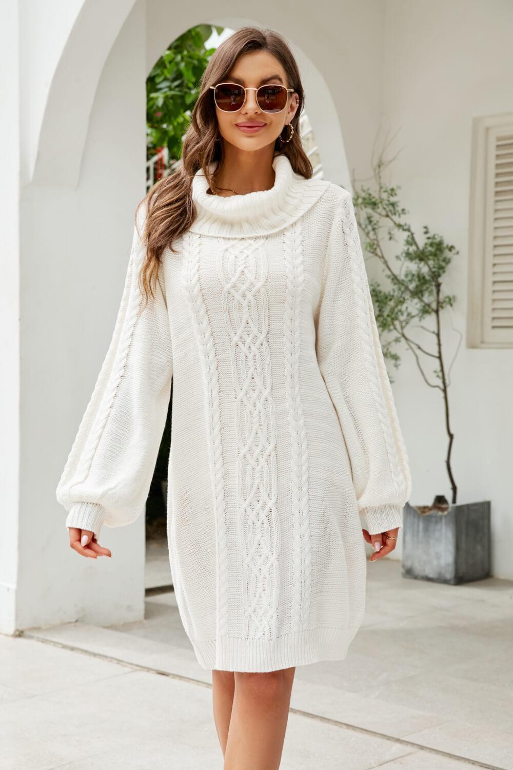 Woven Right Mixed Knit Turtleneck Lantern Sleeve Sweater Dress - ClubOn