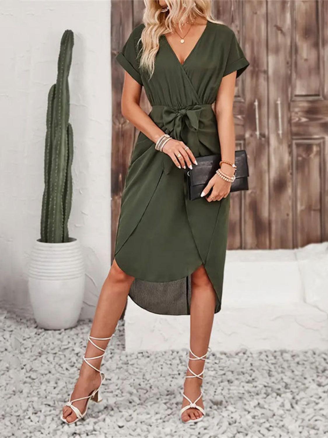 Tied Surplice Short Sleeve Dress - ClubOn