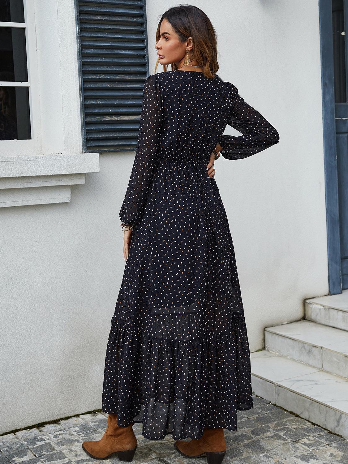 Embroidered V-Neck Long Sleeve Dress - ClubOn