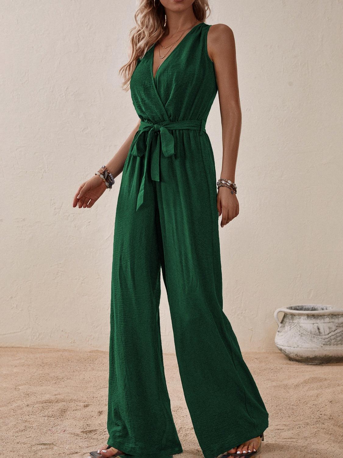 Honey Tied Surplice Sleeveless Wide Leg Jumpsuit - ClubOn