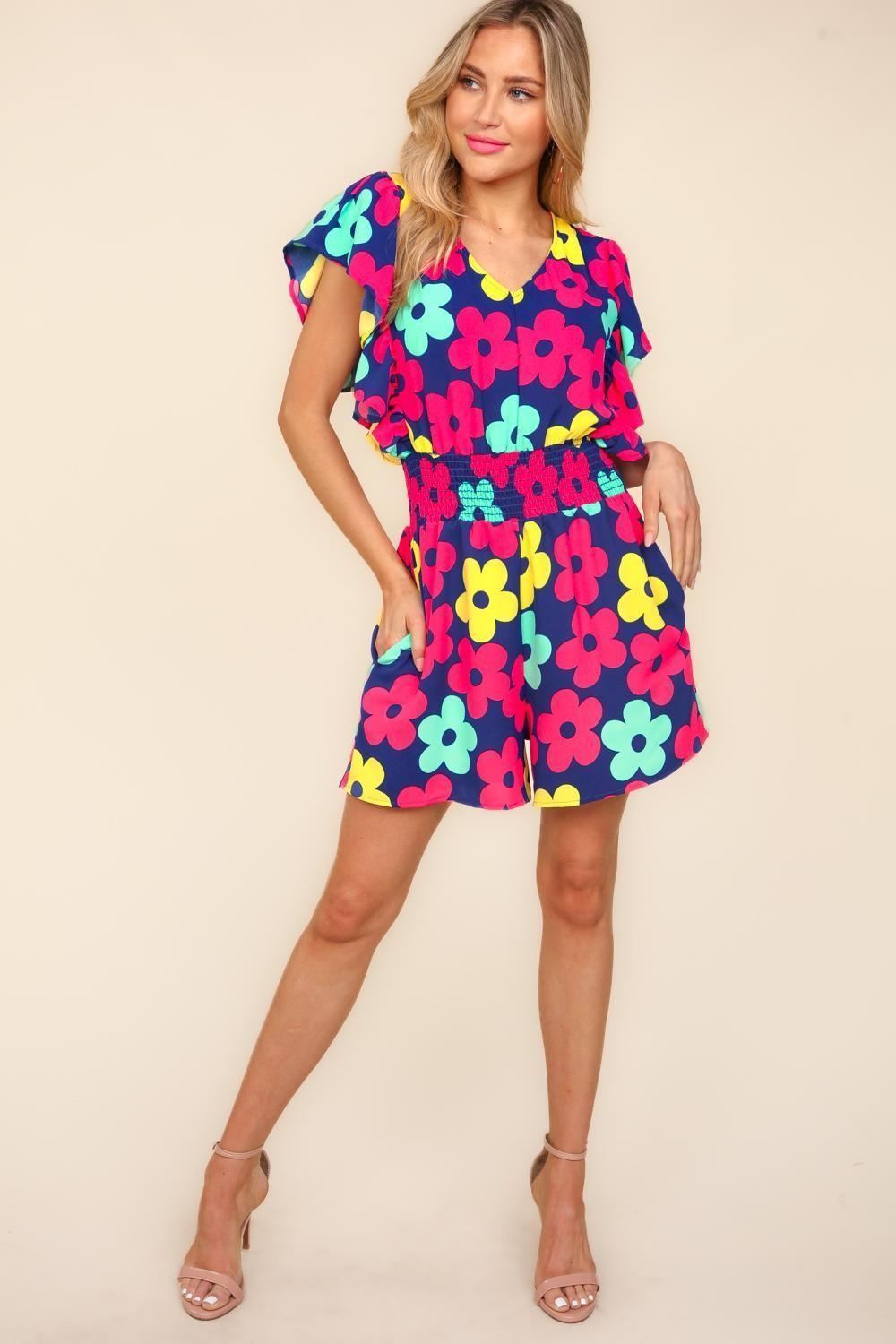 Haptics Floral Smocked Waist Romper with Side Pockets - ClubOn