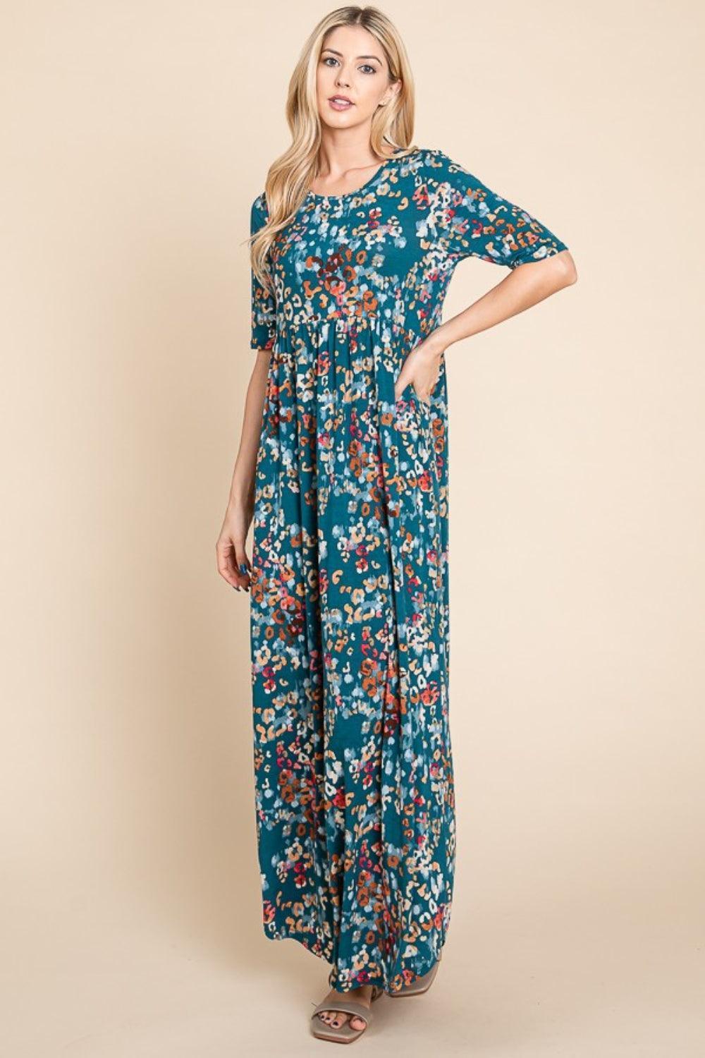 BOMBOM Printed Shirred Maxi Dress - ClubOn