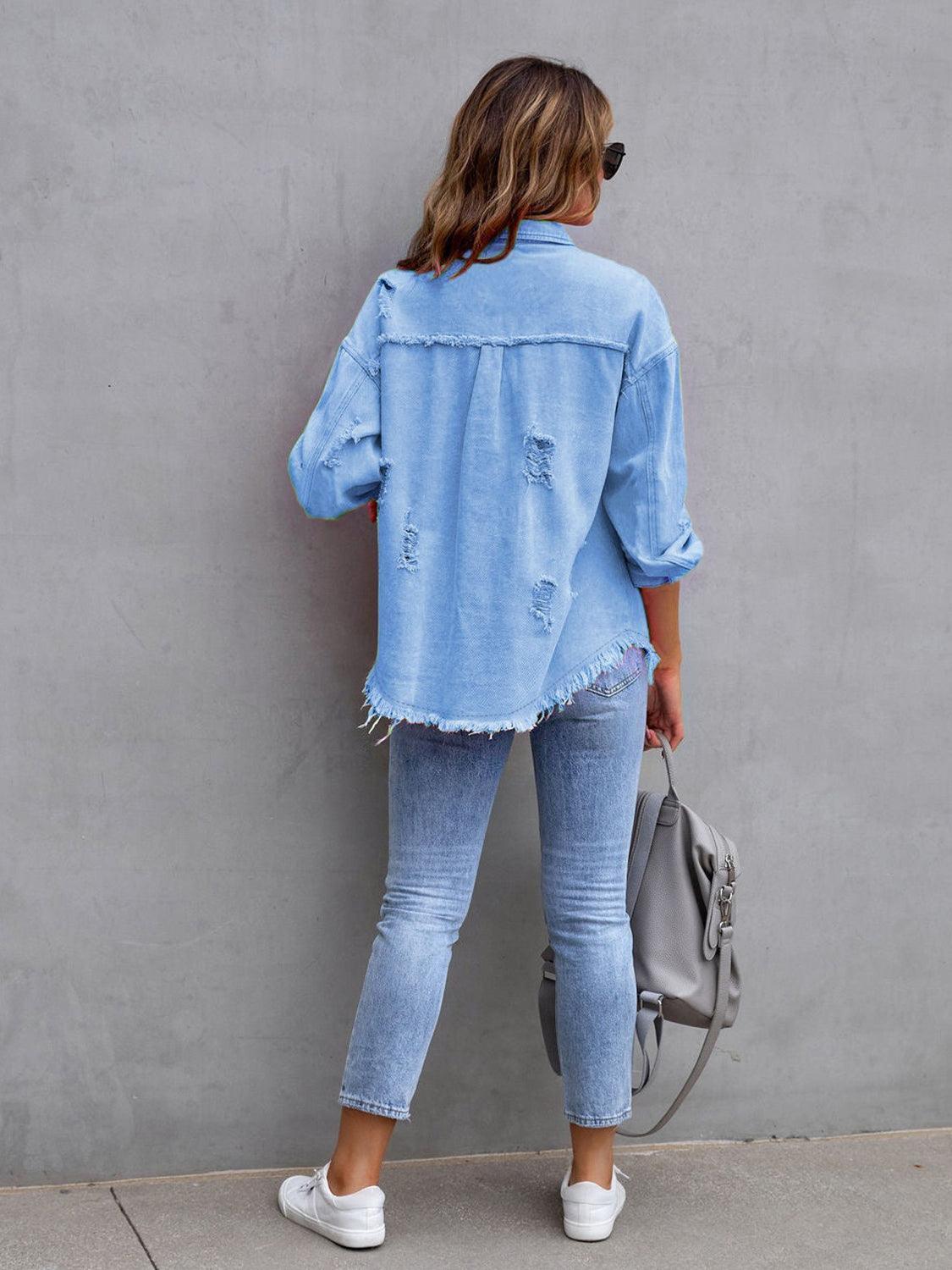 Distressed Drop Shoulder Denim Jacket - ClubOn
