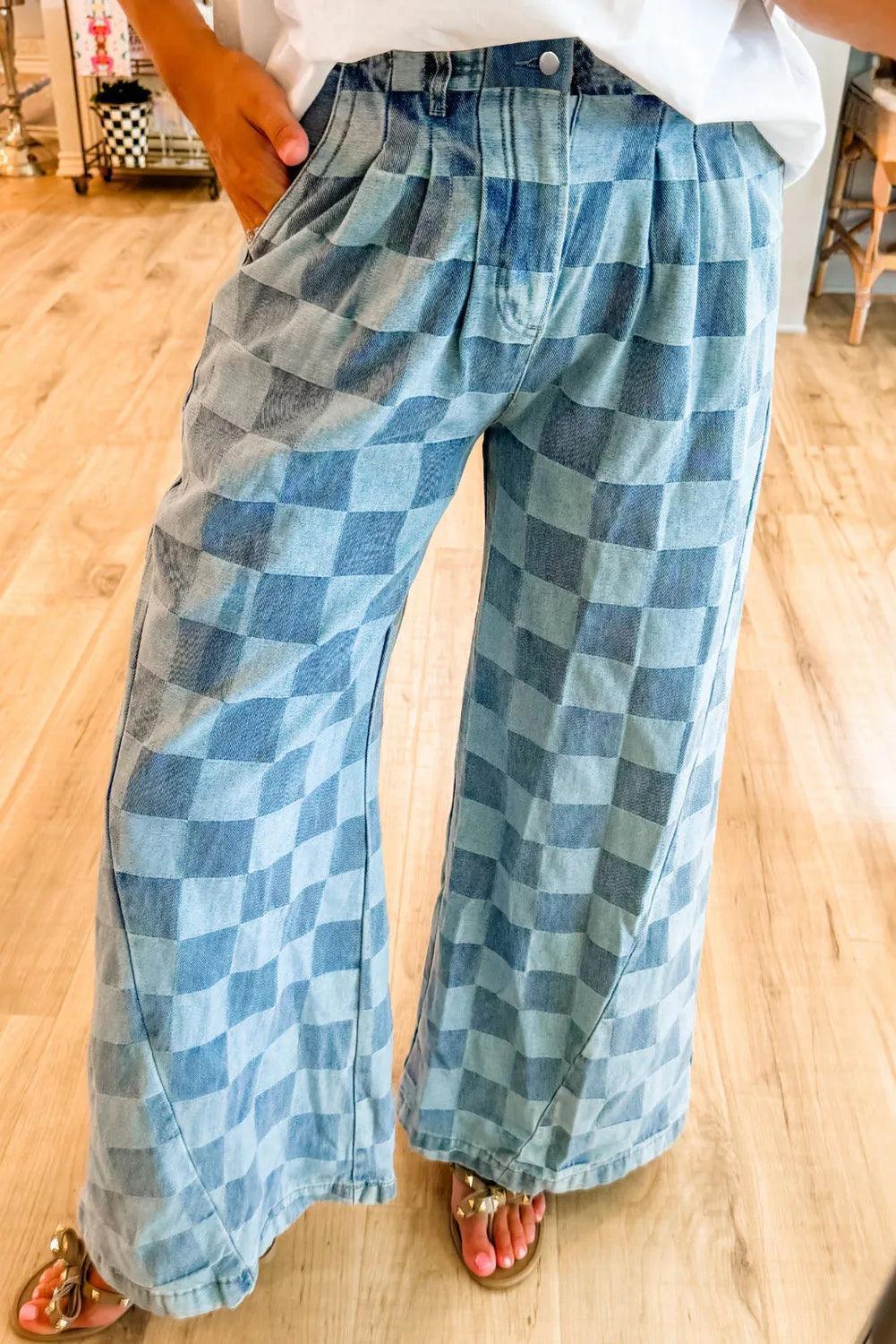 Checkered Wide Leg Jeans with Pockets - ClubOn