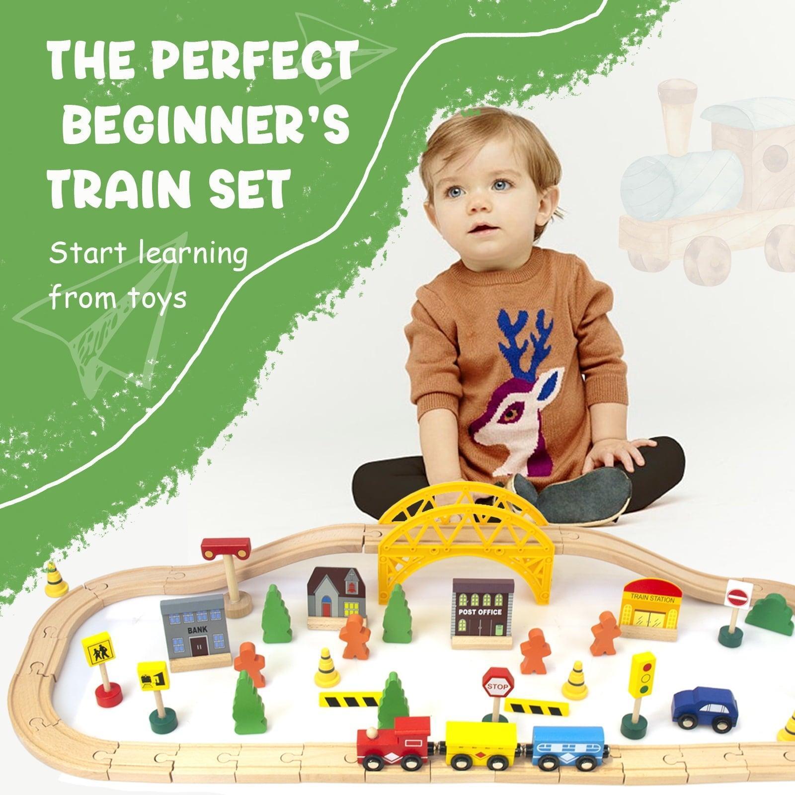 WoodenEdu Double-Side Model Train Set, Easy to Assemble Wood, Yellow, 60 Pcs, 2.72lbs - ClubOn
